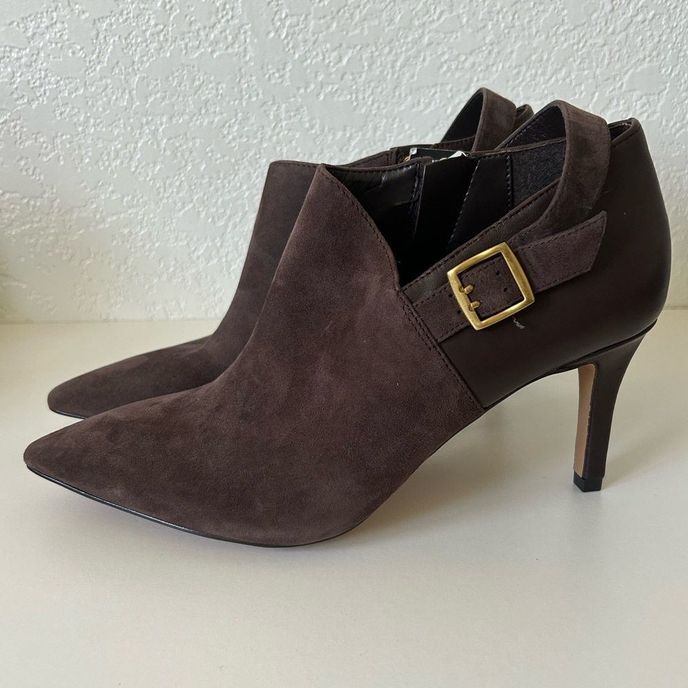 Vince Camuto Kreitha Leather Suede Stiletto Heels Booties in Root Beer Brown - Picture 3 of 8